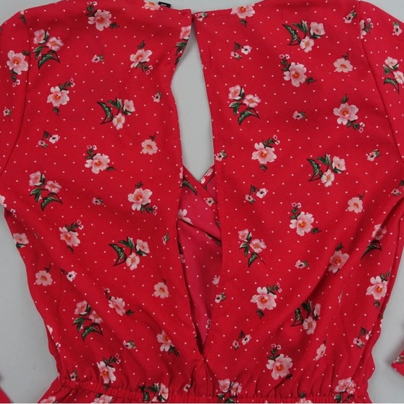H&M Kimono Romper Womens Red Floral Print V Neck Long Bell Sleeve Open Back - Picture 8 of 8